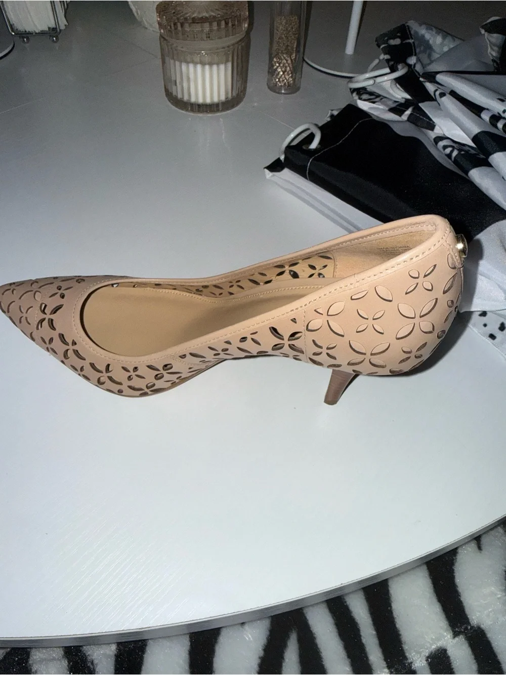 Michael Kors Taupe Laser-Cut Pointed Kitten Heels